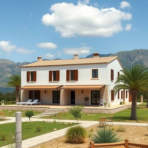 Exterior de la Villa Luna en Mallorca, una casa de campo tradicional con un toque moderno y vistas a las monta&ntilde;as