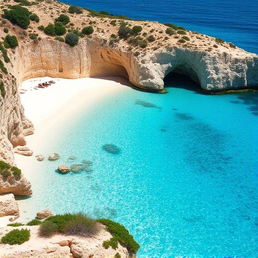 Imagen de Cala Comte en Ibiza con aguas turquesas y arena blanca