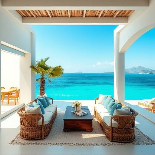 Interior de la Villa Aqua en Ibiza con una decoraci&oacute;n n&aacute;utica y acceso directo a la playa