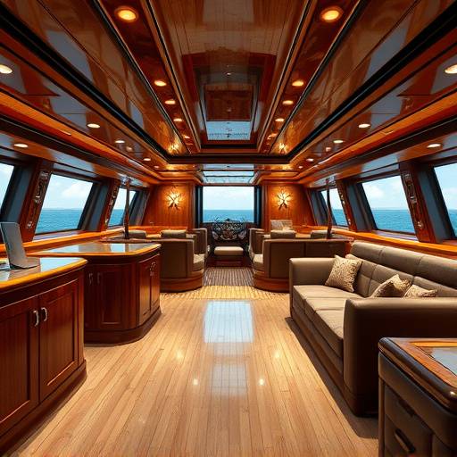 Interior lujoso de un yate con acabados en madera y cuero