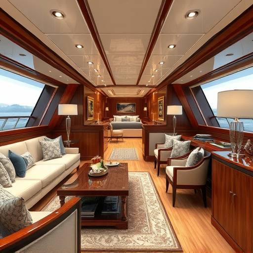 Interior lujoso de un yate con acabados de madera y mobiliario elegante