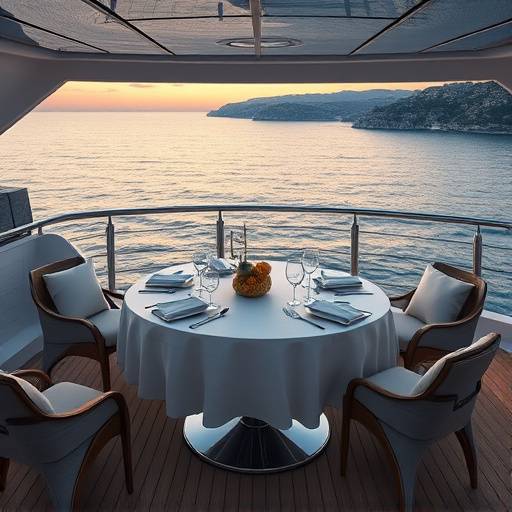 Mesa elegantemente servida en la cubierta de un yate con vistas al mar Mediterr&aacute;neo
