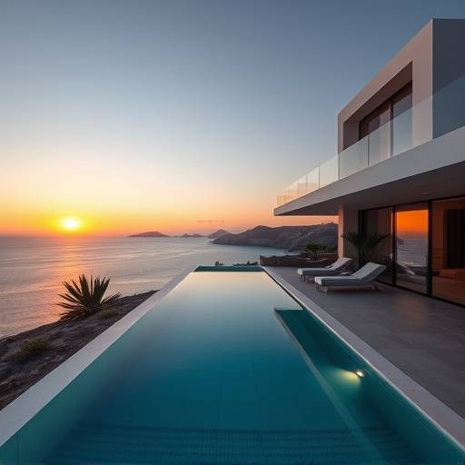 Vista de la Villa Celeste en Ibiza, una propiedad moderna con impresionantes vistas al mar y una piscina de borde infinito