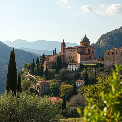 Vista de Valldemossa, un pueblo en la Sierra de Tramuntana en Mallorca, con el Monasterio de Valldemossa al fondo