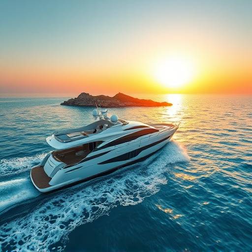 Yate de lujo navegando en aguas turquesas con la isla de Ibiza al fondo